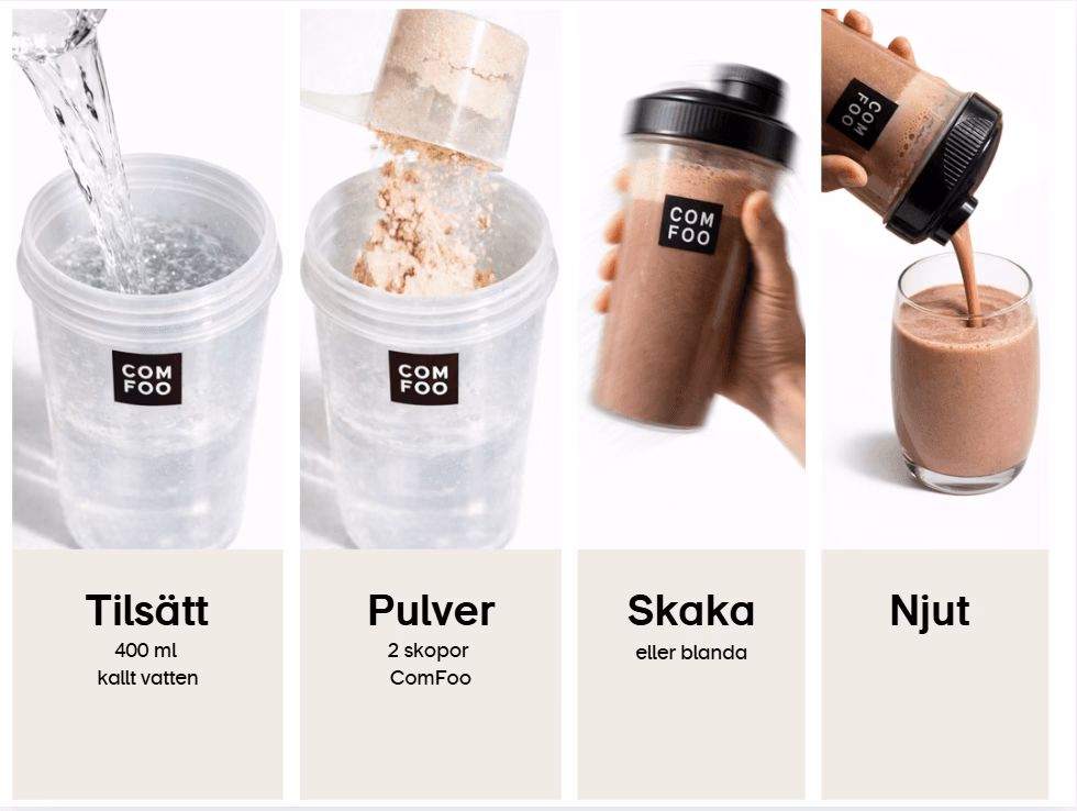 ComFoo shake som skakas i shaker med två skopor pulver och vatten