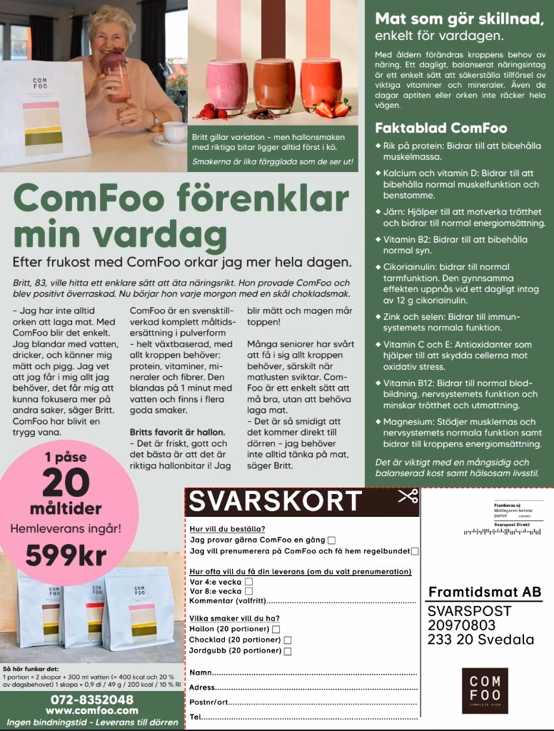 ComFoo helsidesartikel i Senioren med Britt, smaker, faktablad och svarskort